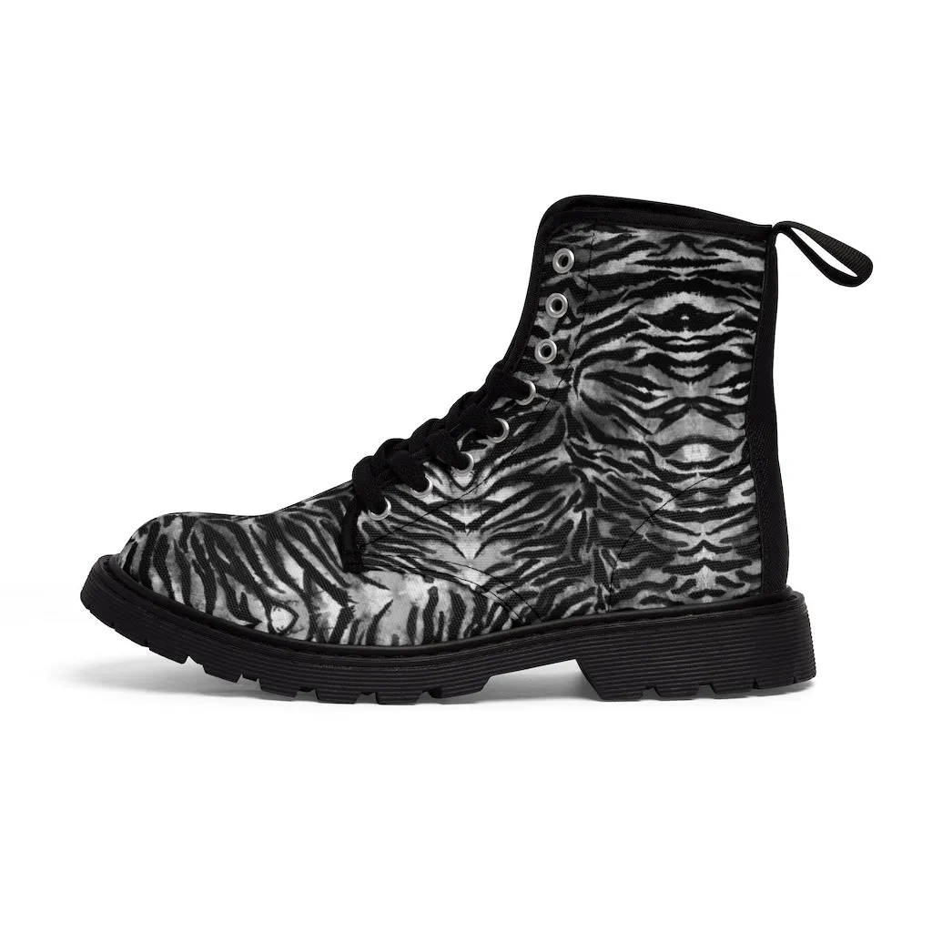 Gray Tiger Men's Canvas Boots, Gray Tiger Striped Animal Print Best Men's Footwear Hiking Boots