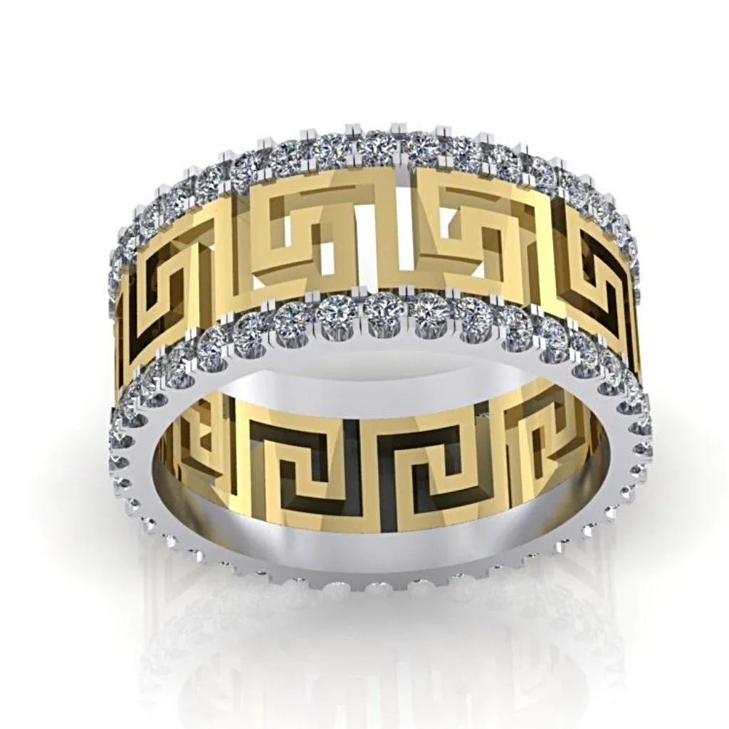 Greek Key Design Two Tone Diamond Ring 14K Yellow and White Gold