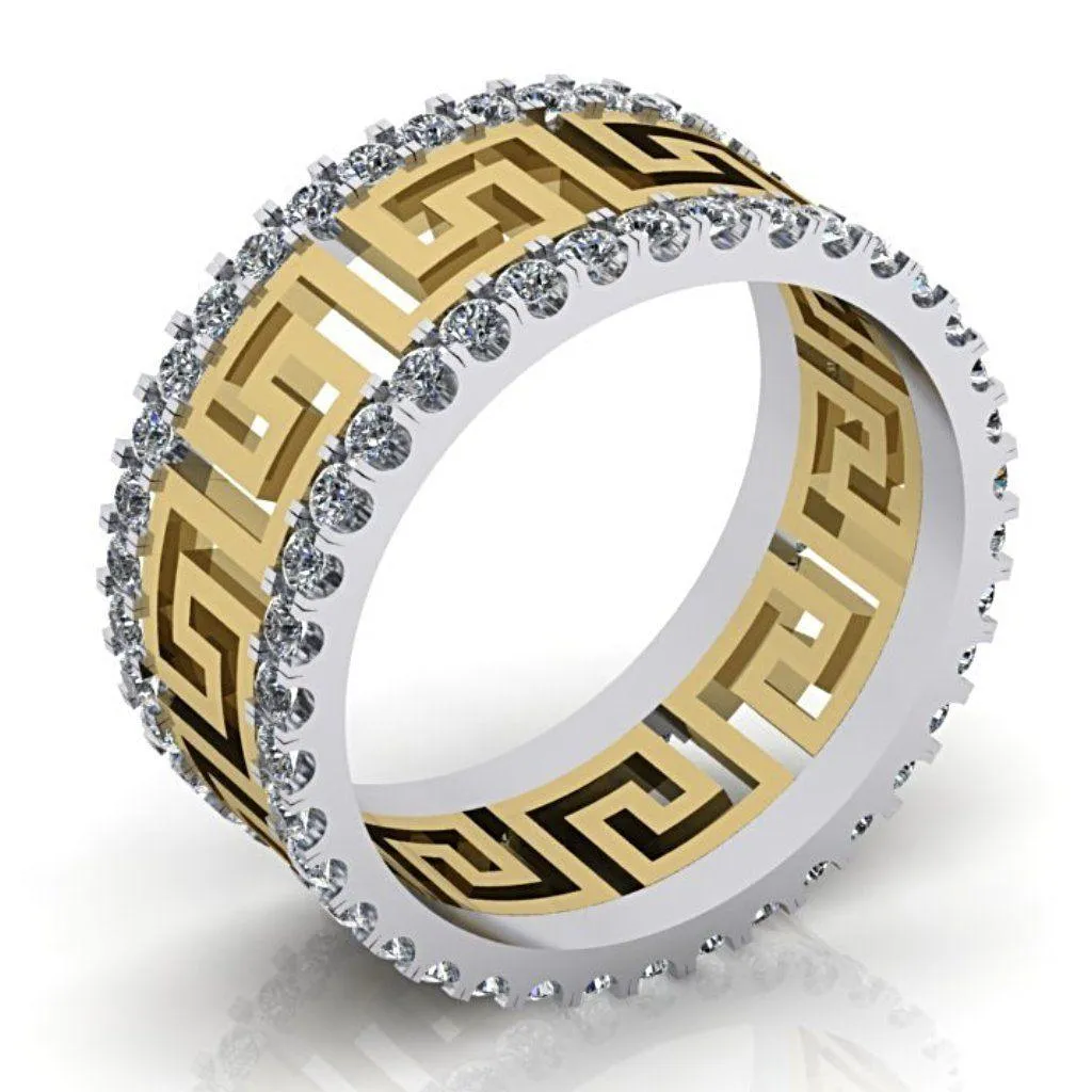 Greek Key Design Two Tone Diamond Ring 14K Yellow and White Gold