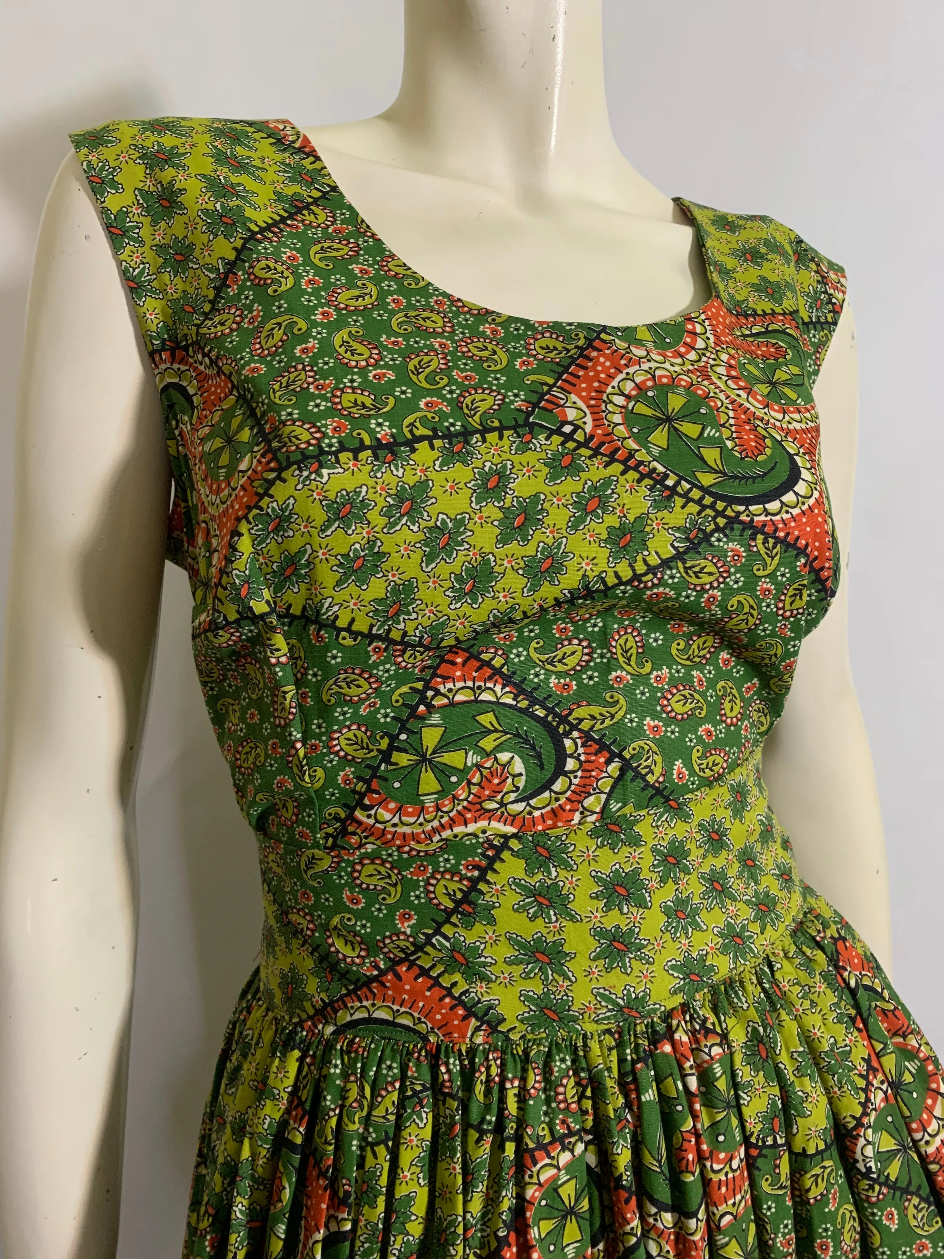 Green and Red Paisley and Patchwork Print Cotton Full Skirt 2 Pc Dress Set circa 1950s