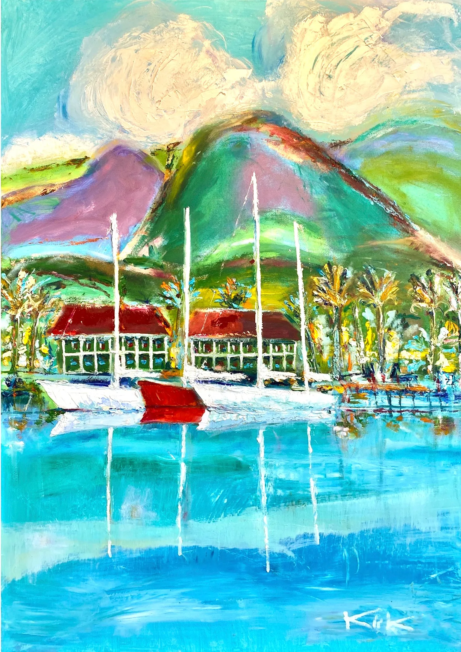 Greeting Card "Lahaina Harbor, Red Boat" by Kirk Boes