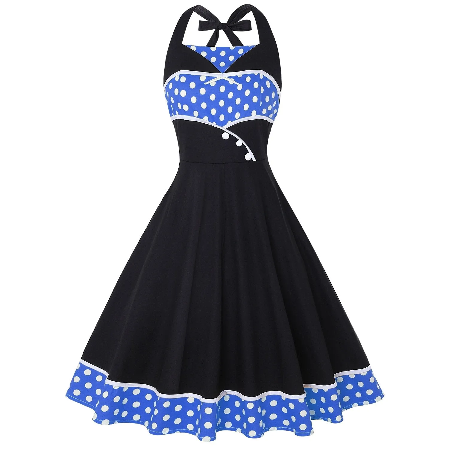 Halter Women Party Dress 50s 60s Retro Vintage Elegant French Polka Dot Patchwork Sleeveless Pinup Rockabilly Dresses