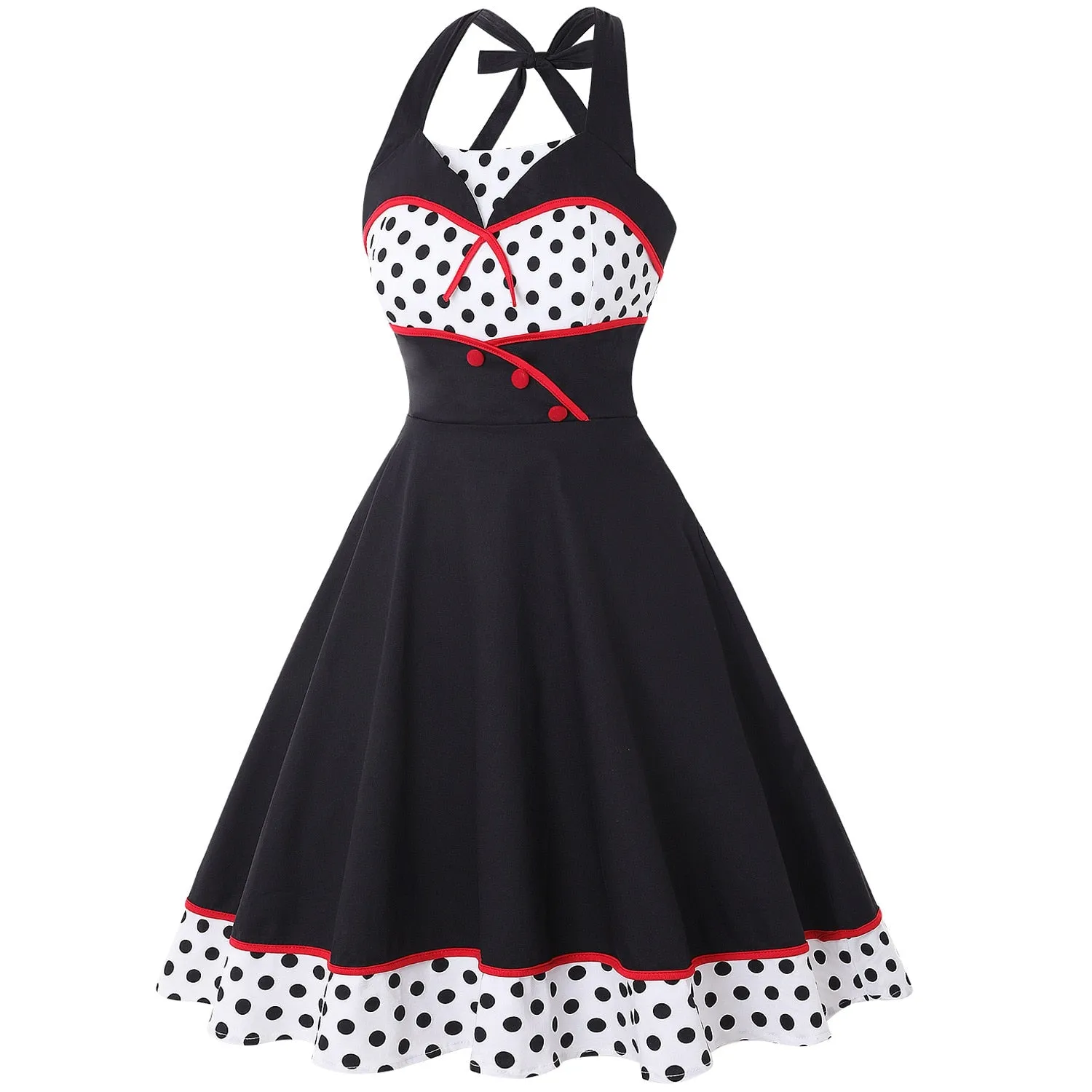 Halter Women Party Dress 50s 60s Retro Vintage Elegant French Polka Dot Patchwork Sleeveless Pinup Rockabilly Dresses