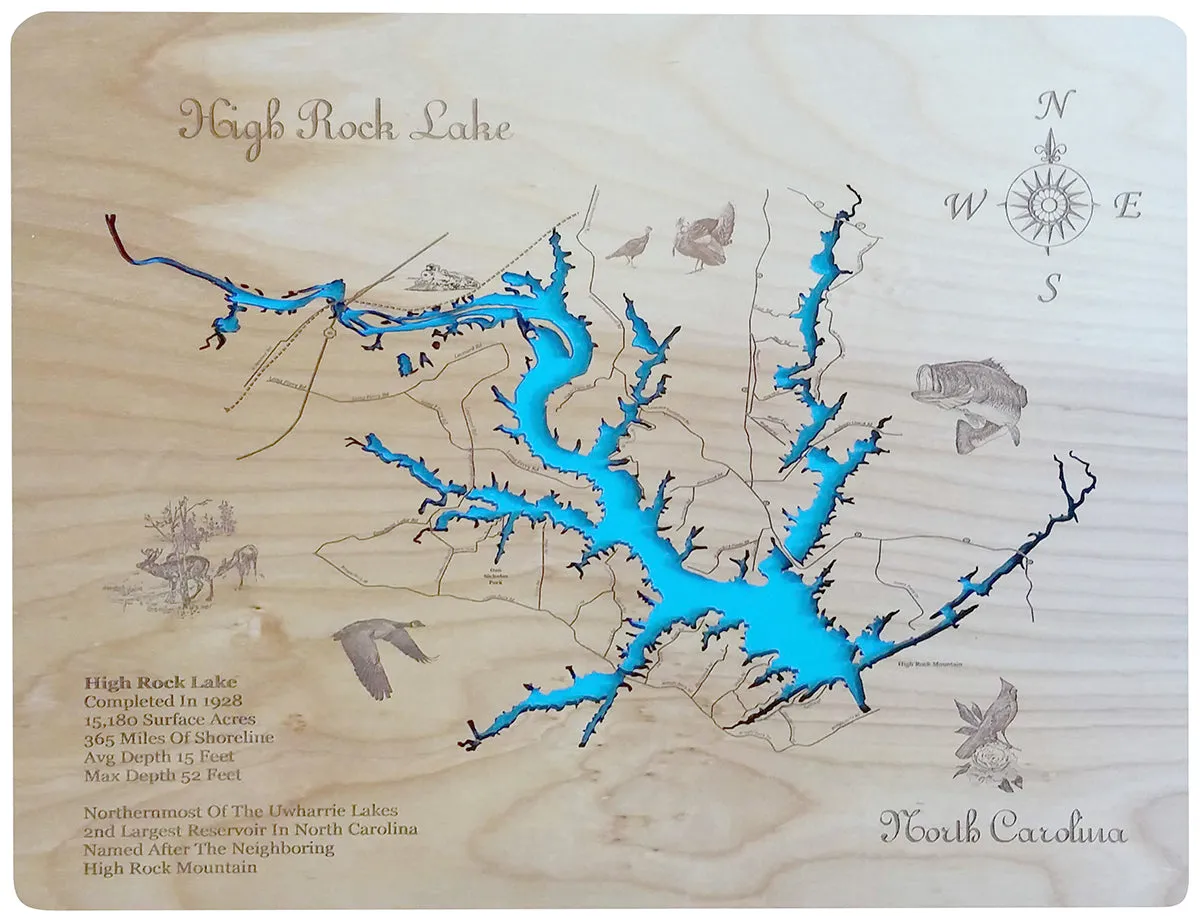 High Rock Lake, NC - Laser Cut Wood Map