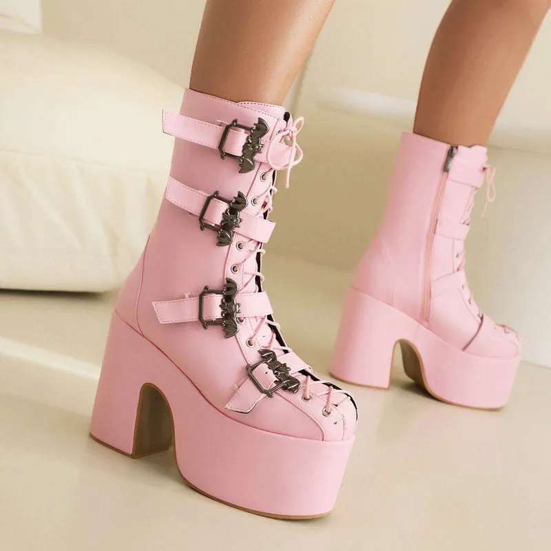 Hot Girl Punk Platform Martin Boots Women's Round Head Gothic Muffin Bottom Tall Knight Boots