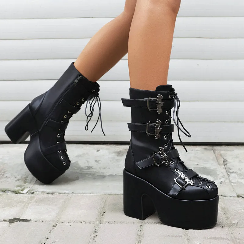 Hot Girl Punk Platform Martin Boots Women's Round Head Gothic Muffin Bottom Tall Knight Boots