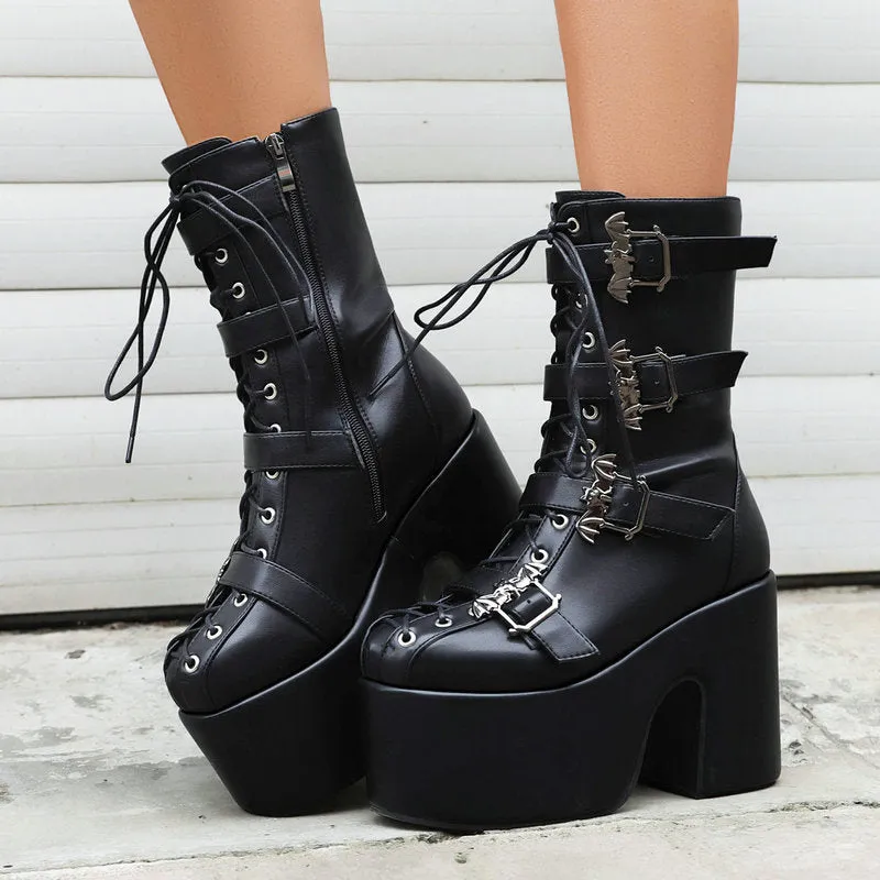 Hot Girl Punk Platform Martin Boots Women's Round Head Gothic Muffin Bottom Tall Knight Boots