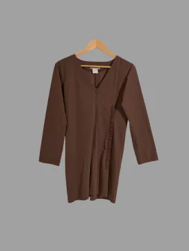 Issey Miyake brown press stud detail brown v neck tunic dress - size 2 JP M S