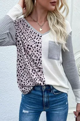 Leopard Patchwork Ribbed Color Block V Neck Top