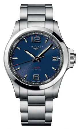 Longines Conquest V.H.P. Stainless Steel Blue Dial Perpetual Calendar Date Quartz Mens Watch L3.716.4.96.6