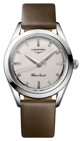 Longines Heritage Classic Silver Arrow Automatic Silver Dial Brown Leather Strap Mens Watch L2.834.4.72.2