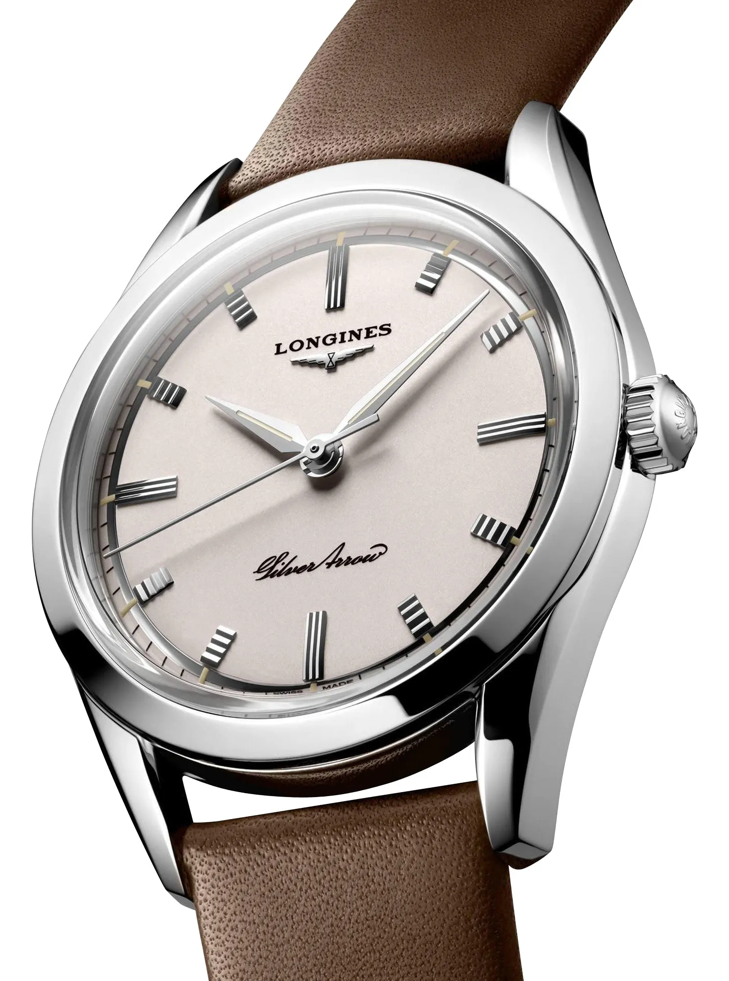 Longines Heritage Classic Silver Arrow Automatic Silver Dial Brown Leather Strap Mens Watch L2.834.4.72.2