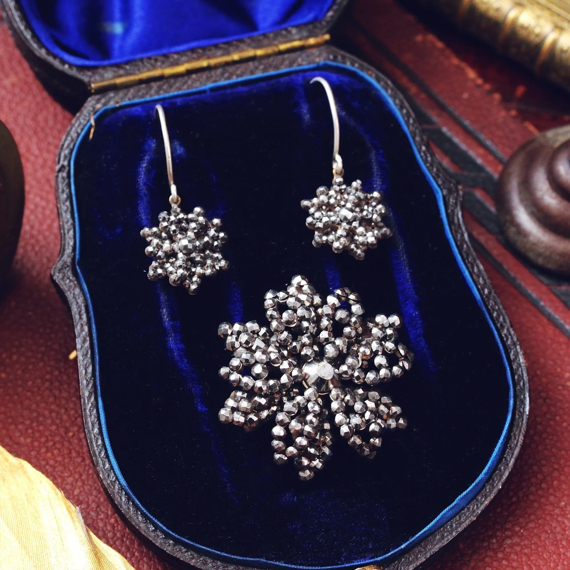 Matching Georgian Cut Steel Earrings & Brooch