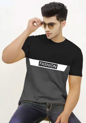 Men Colorblock Round Neck Cotton Blend Black, Grey T-Shirt