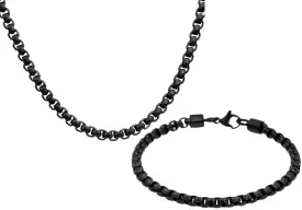 Mens Diamond Cut Black Stainless Steel Box Rolo Link Chain Set