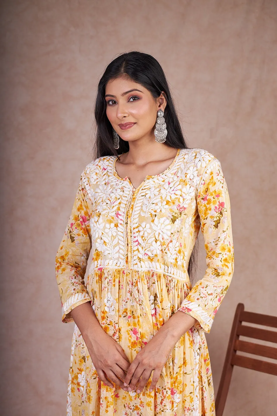 Floral Chikankari Embroidered Kurta in Nyra Cut Mulmul Fabric