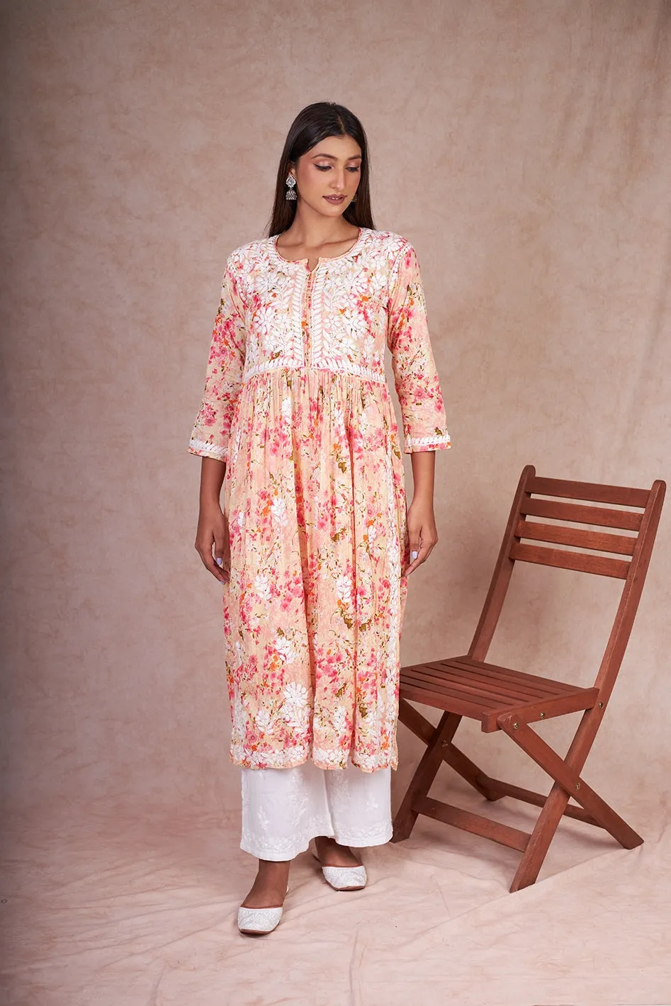 Floral Chikankari Embroidered Kurta in Nyra Cut Mulmul Fabric