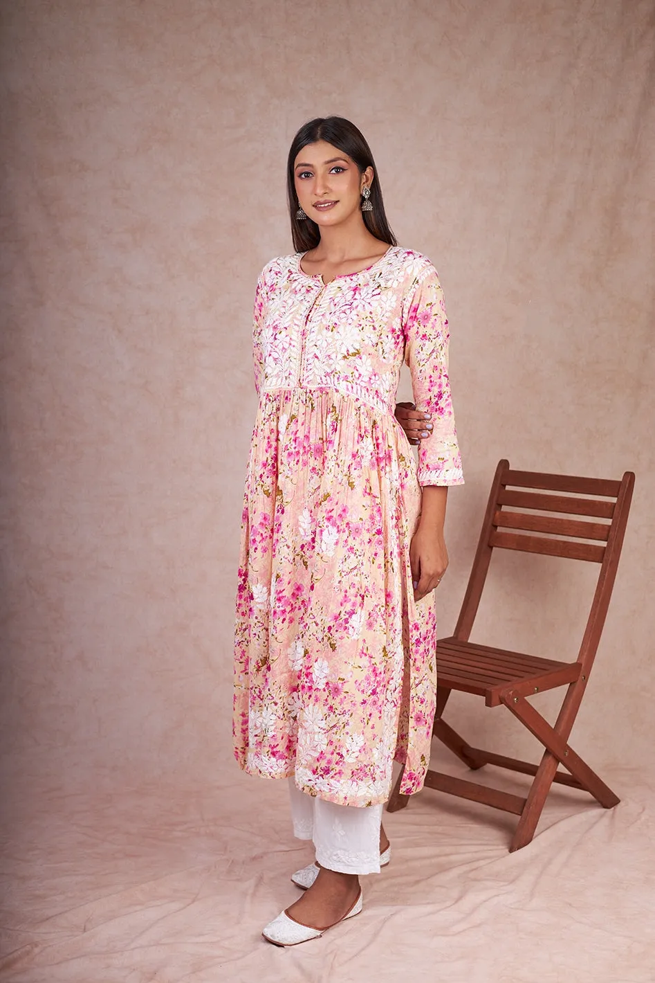 Floral Chikankari Embroidered Kurta in Nyra Cut Mulmul Fabric