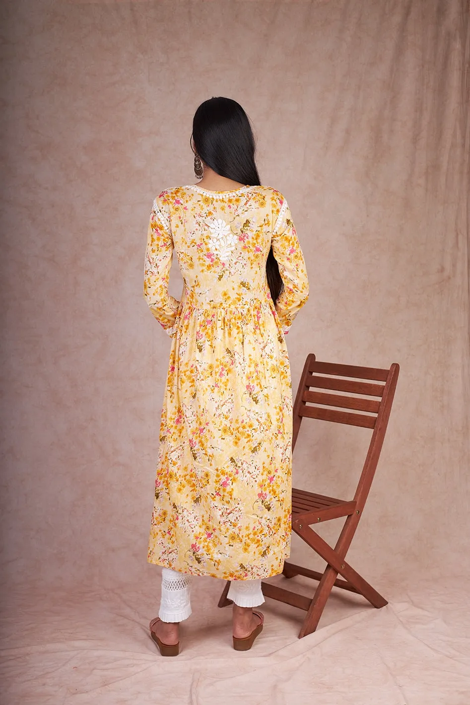 Floral Chikankari Embroidered Kurta in Nyra Cut Mulmul Fabric