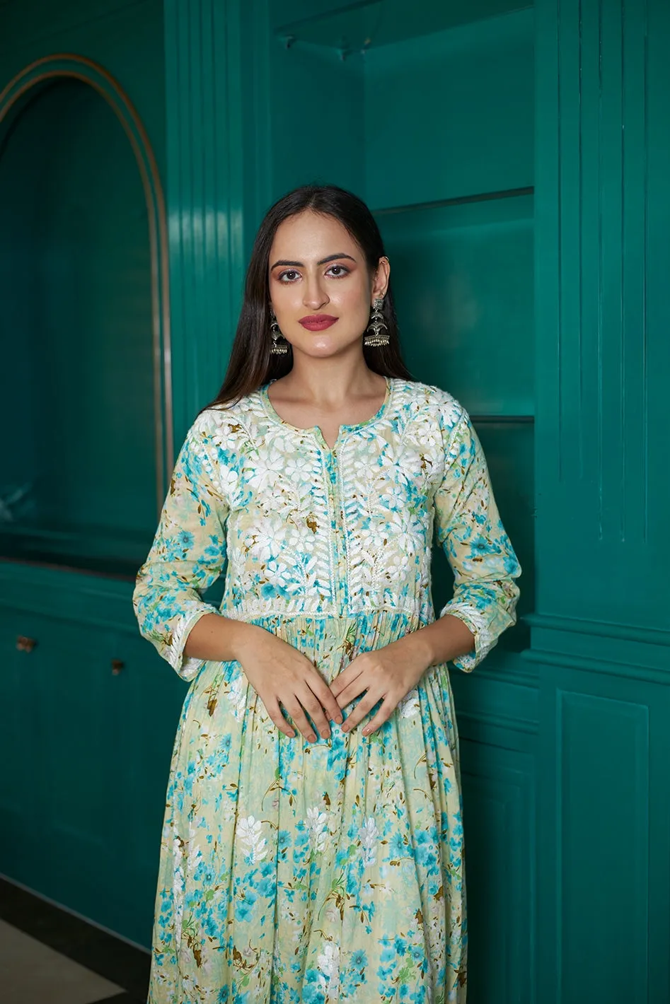 Floral Chikankari Embroidered Kurta in Nyra Cut Mulmul Fabric