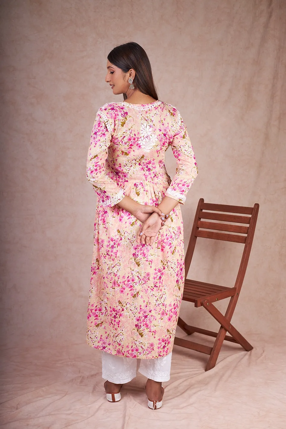 Floral Chikankari Embroidered Kurta in Nyra Cut Mulmul Fabric