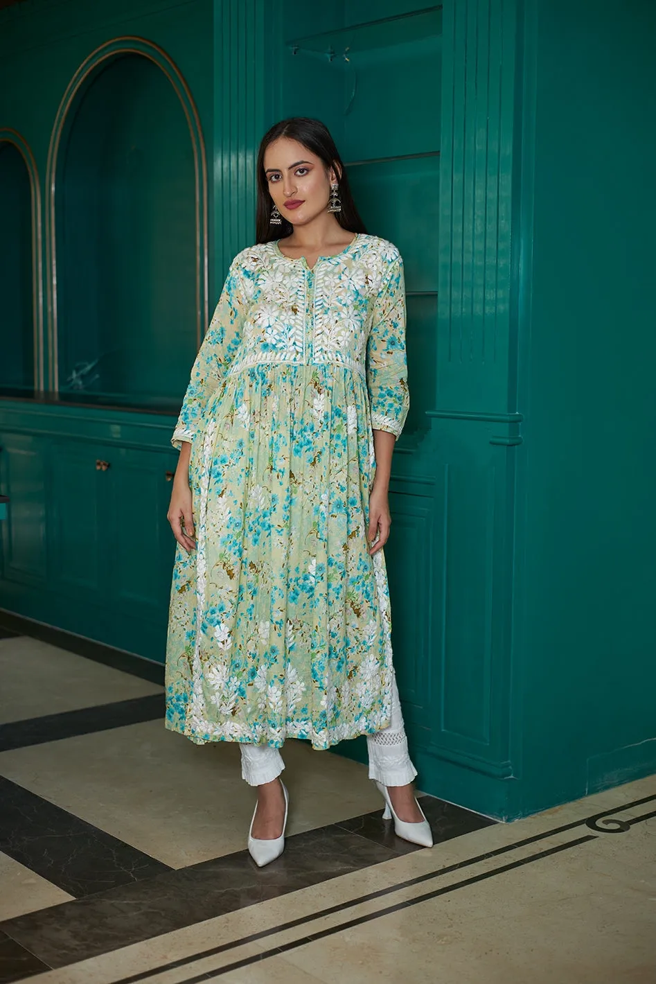 Floral Chikankari Embroidered Kurta in Nyra Cut Mulmul Fabric