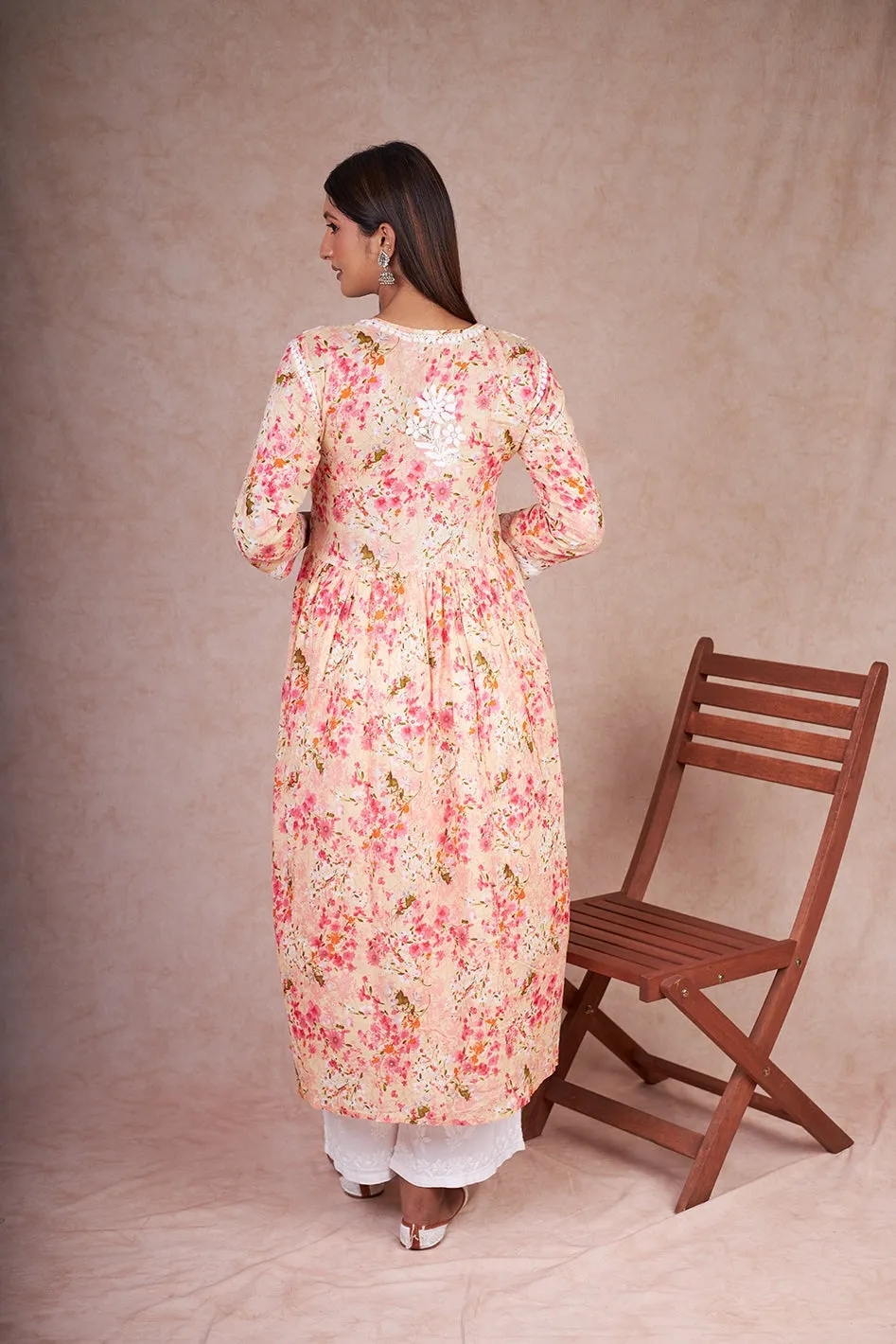 Floral Chikankari Embroidered Kurta in Nyra Cut Mulmul Fabric