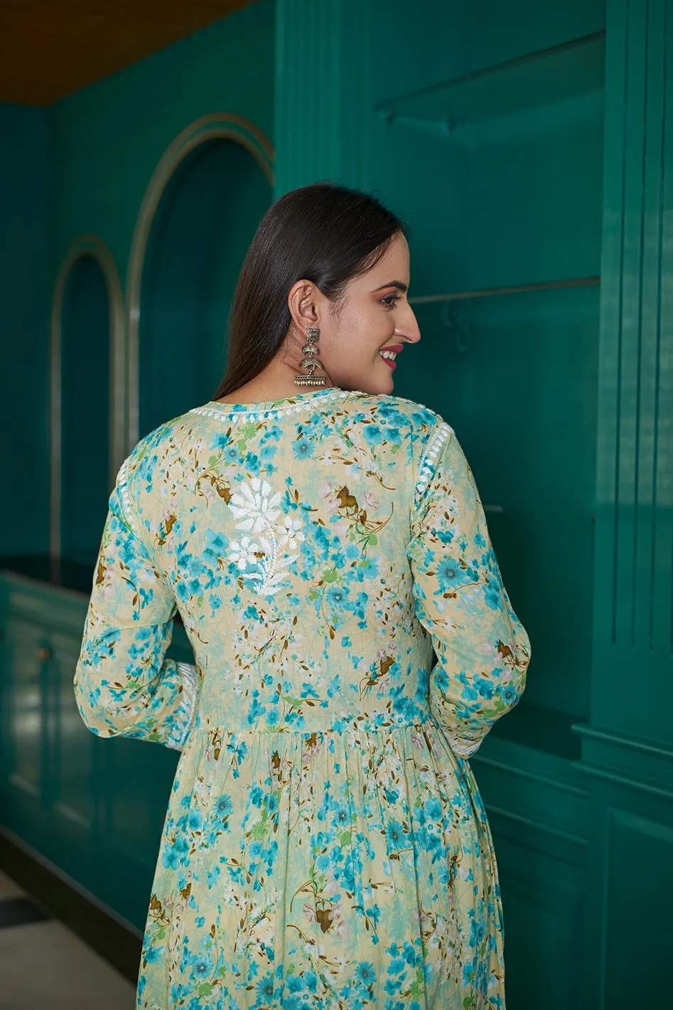 Floral Chikankari Embroidered Kurta in Nyra Cut Mulmul Fabric