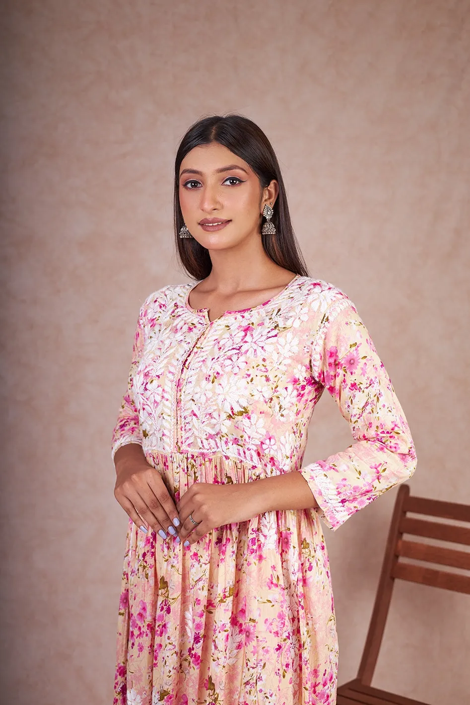 Floral Chikankari Embroidered Kurta in Nyra Cut Mulmul Fabric