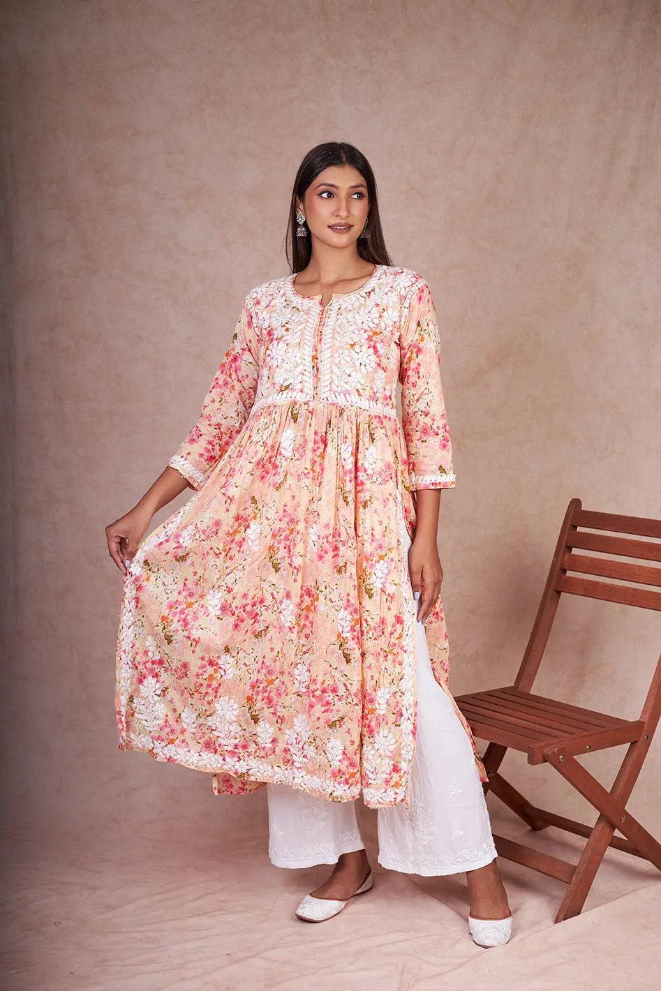 Floral Chikankari Embroidered Kurta in Nyra Cut Mulmul Fabric