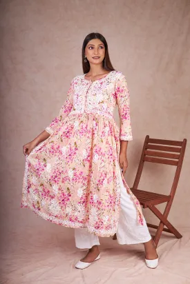 Nyra Cut Floral Mulmul Chikankari Kurta