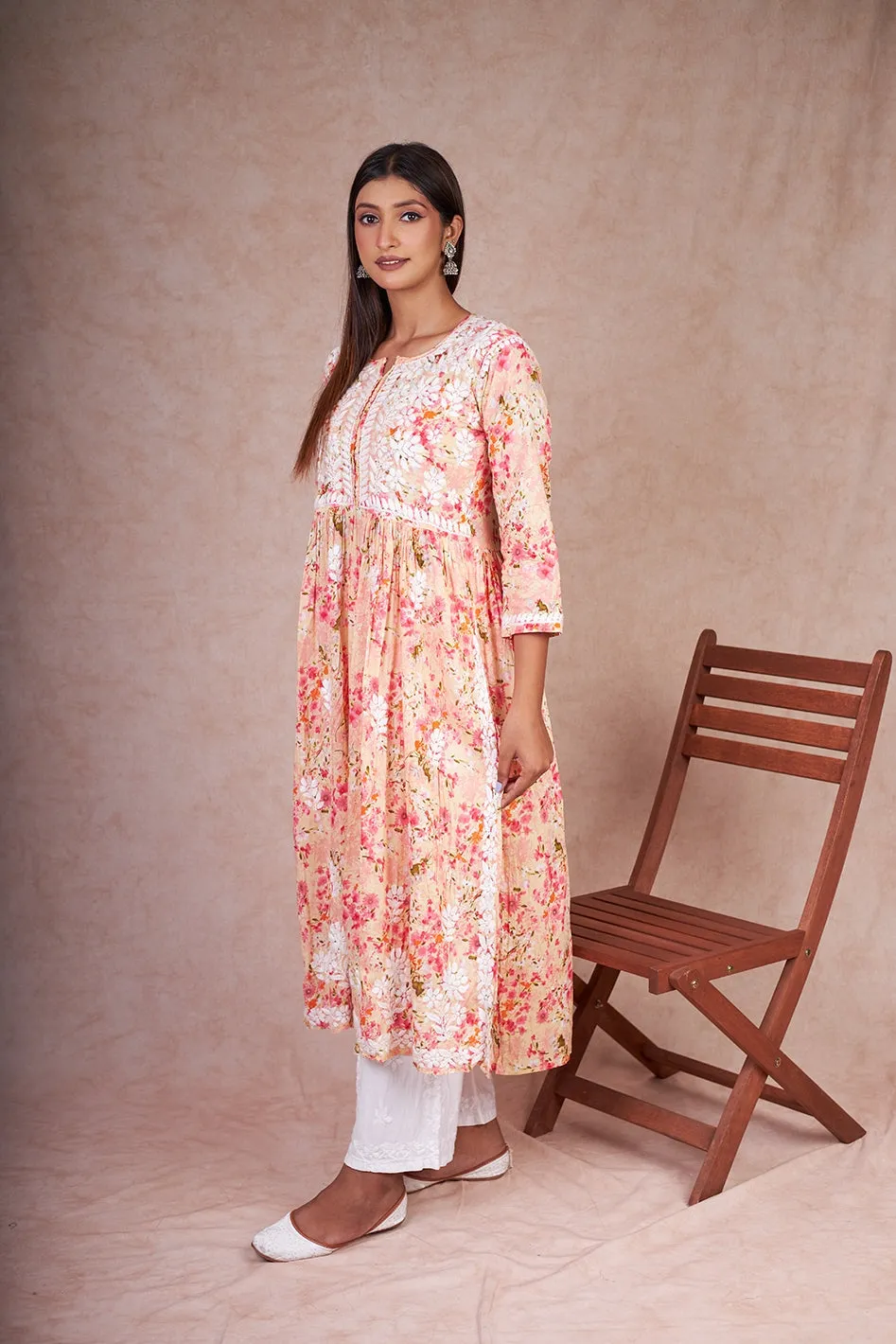 Floral Chikankari Embroidered Kurta in Nyra Cut Mulmul Fabric