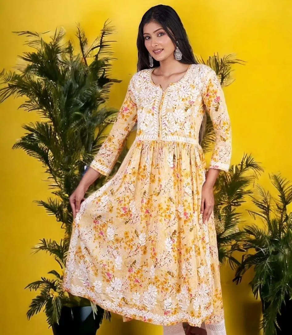 Floral Chikankari Embroidered Kurta in Nyra Cut Mulmul Fabric