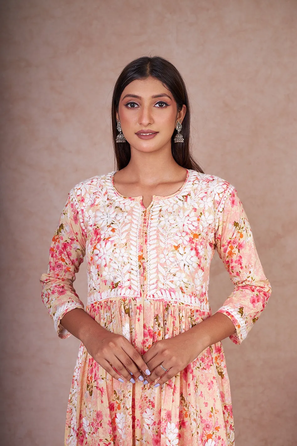 Floral Chikankari Embroidered Kurta in Nyra Cut Mulmul Fabric