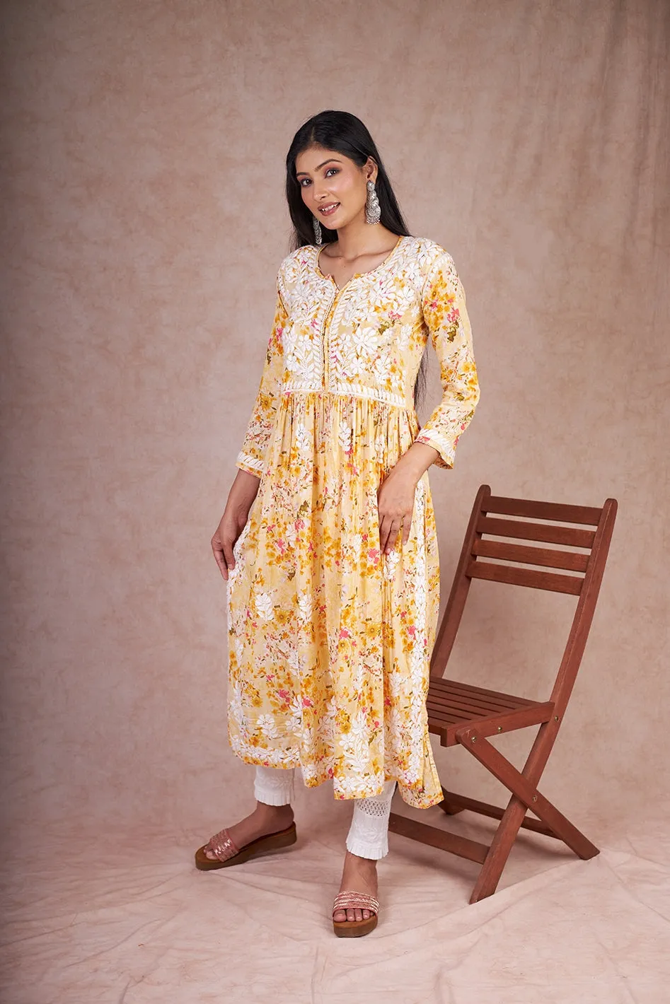 Floral Chikankari Embroidered Kurta in Nyra Cut Mulmul Fabric