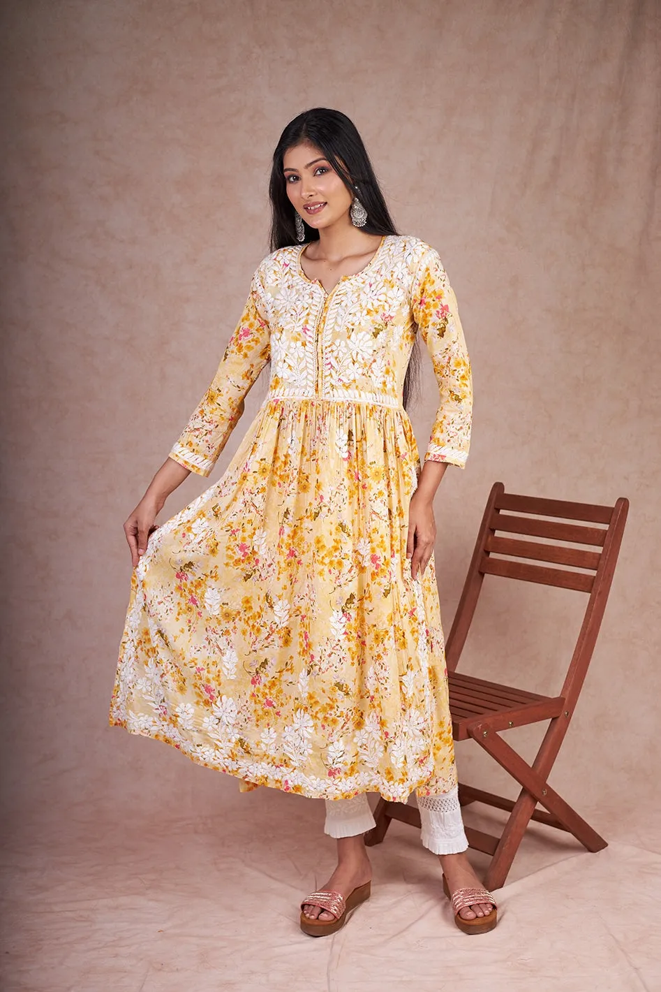 Floral Chikankari Embroidered Kurta in Nyra Cut Mulmul Fabric