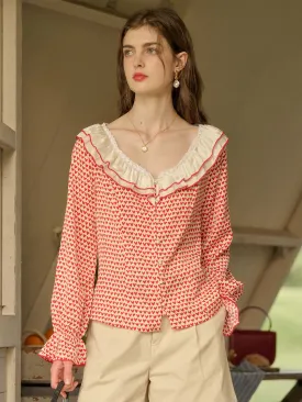 Raelyn Patchwork Ruffle V Neck Heart Printed Blouse