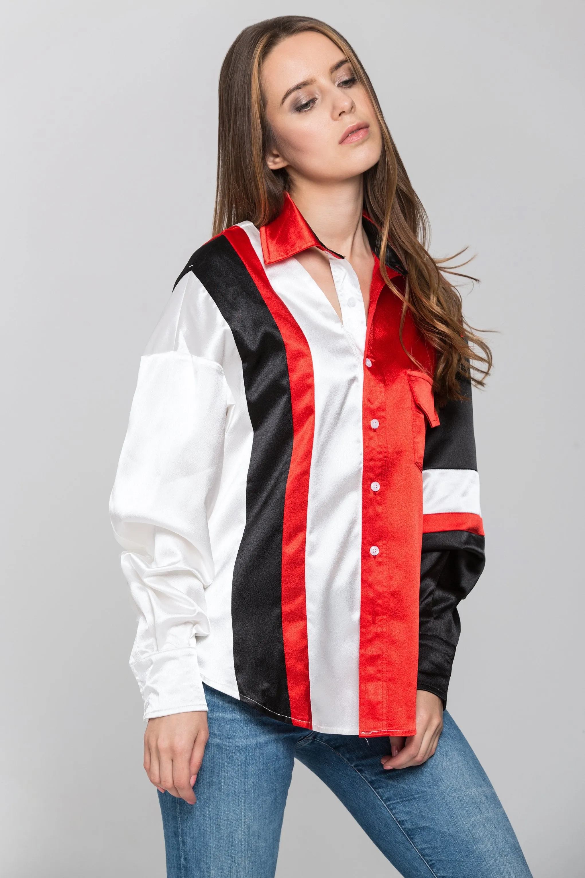 Red White and Black Asymmetric Button Up Top