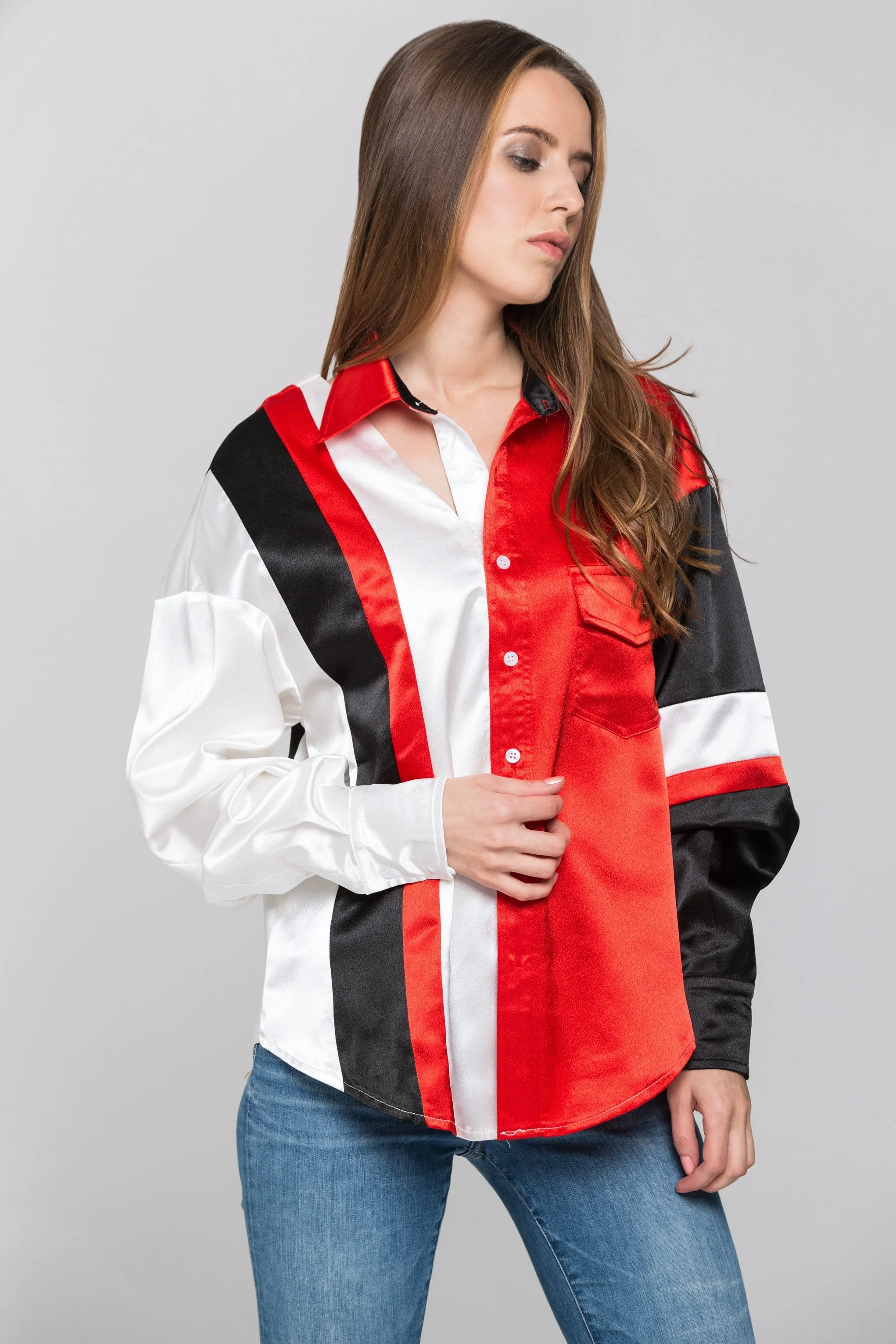 Red White and Black Asymmetric Button Up Top