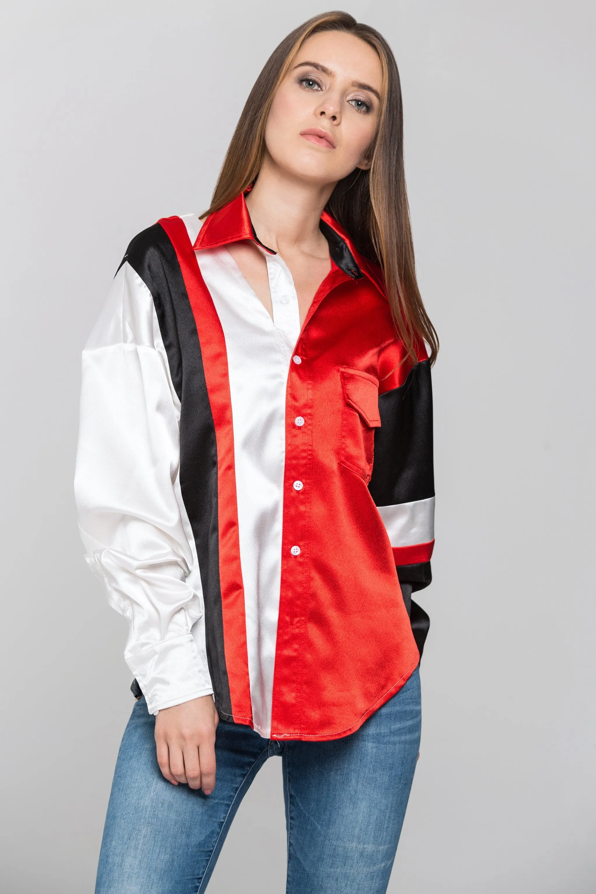 Red White and Black Asymmetric Button Up Top