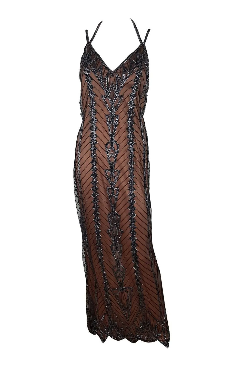 ROBINA LONDON Vintage Flapper Style Brown Satin and Sequin Maxi Dress (10)