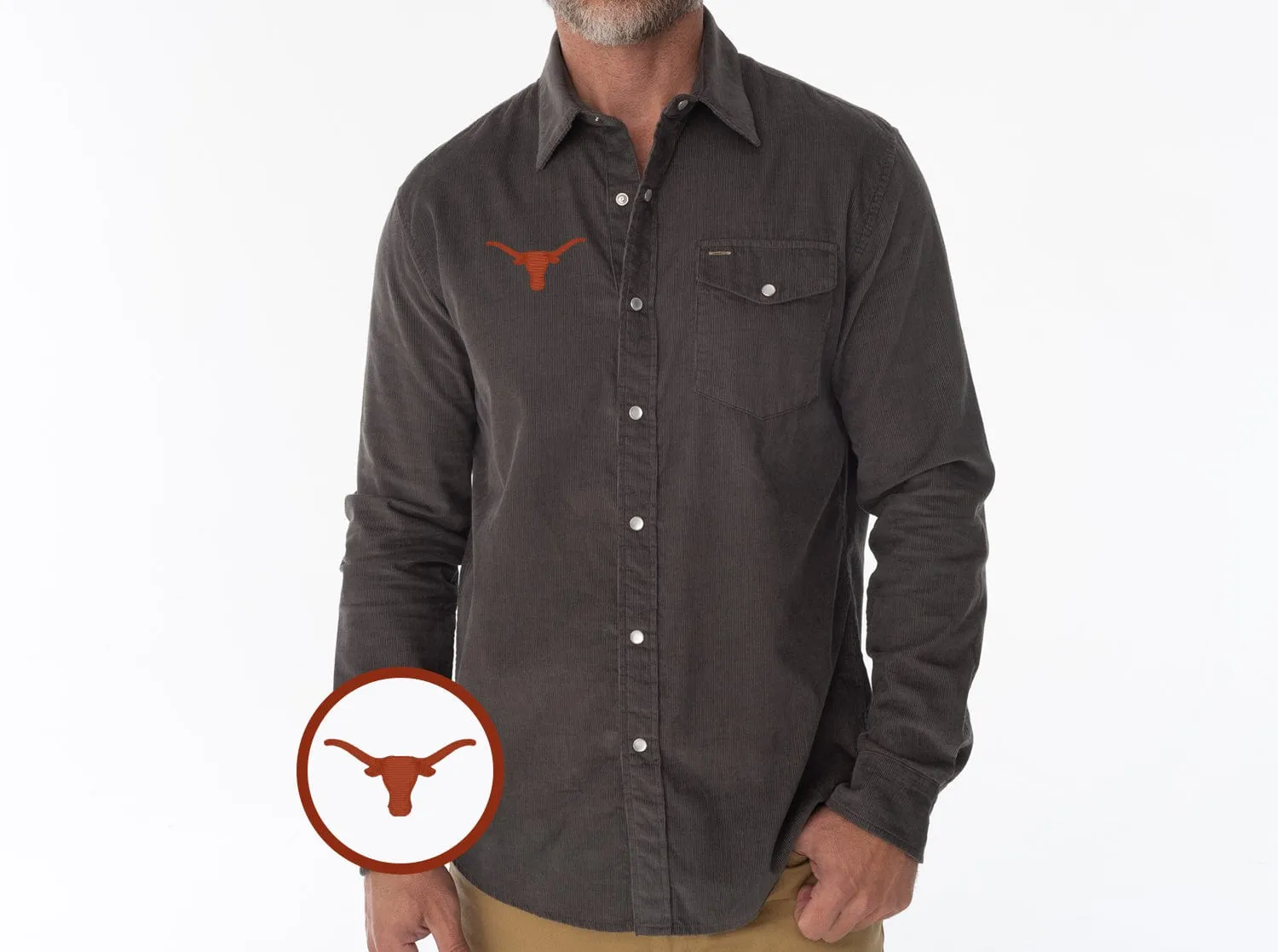 Texas - Corduroy Pearl Snap - Longhorn - Charcoal