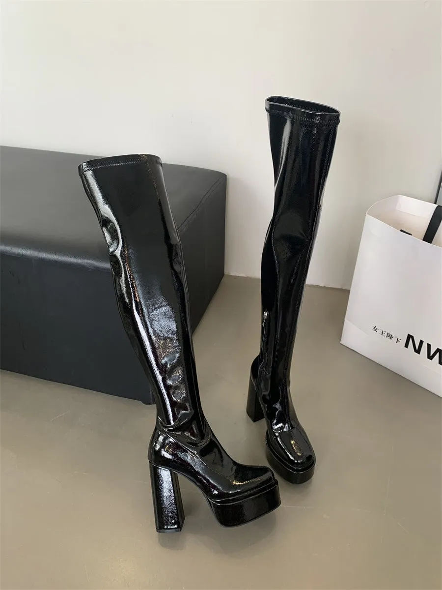 Toleet Taysha Tall Boots 2024 round Toe Patent Leather over-the-Knee Skinny Women's Fashionable Leather Boots Thick Heel Platform Boots