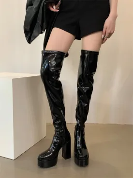 Toleet Taysha Tall Boots 2024 round Toe Patent Leather over-the-Knee Skinny Women's Fashionable Leather Boots Thick Heel Platform Boots