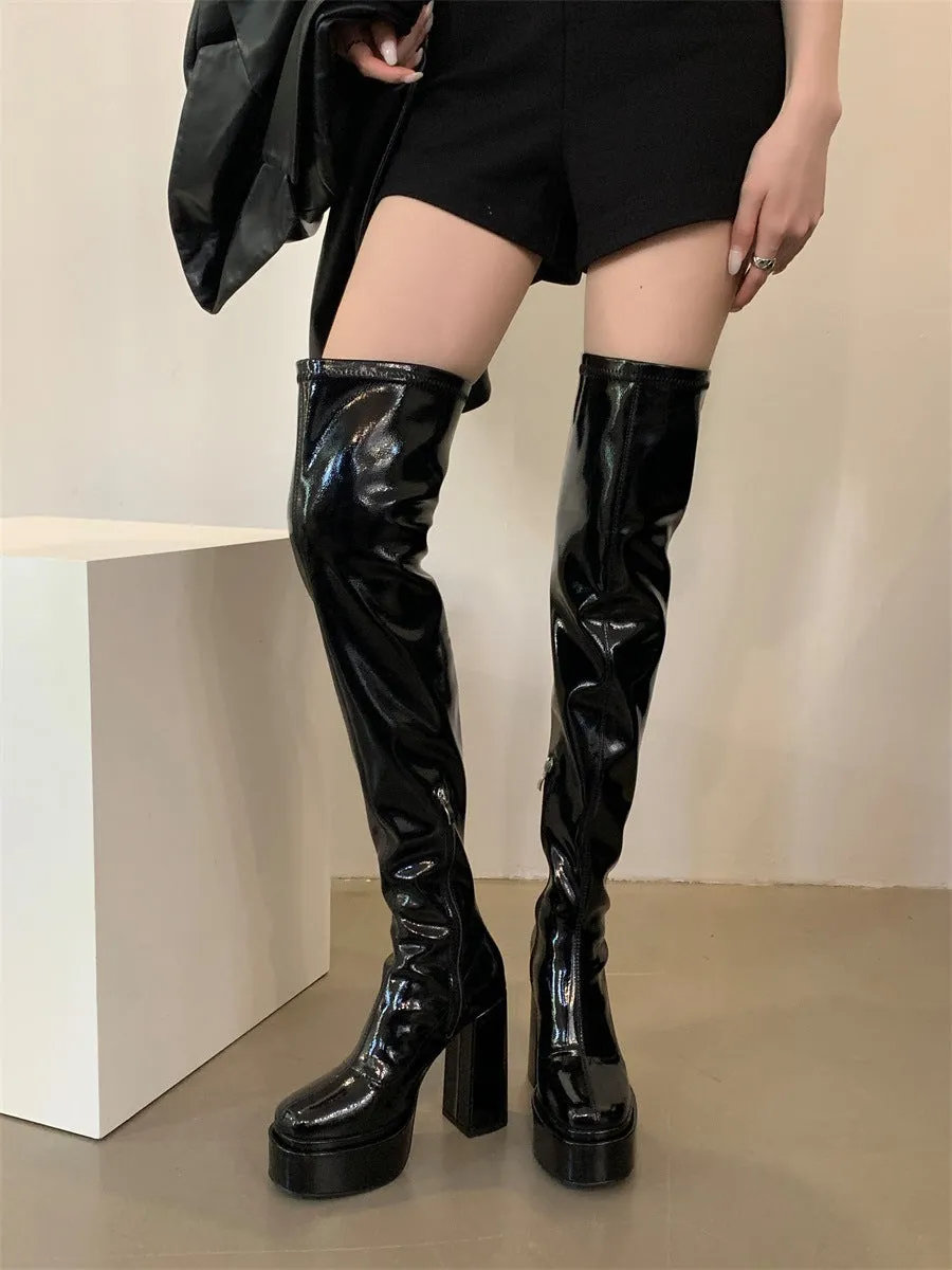 Toleet Taysha Tall Boots 2024 round Toe Patent Leather over-the-Knee Skinny Women's Fashionable Leather Boots Thick Heel Platform Boots