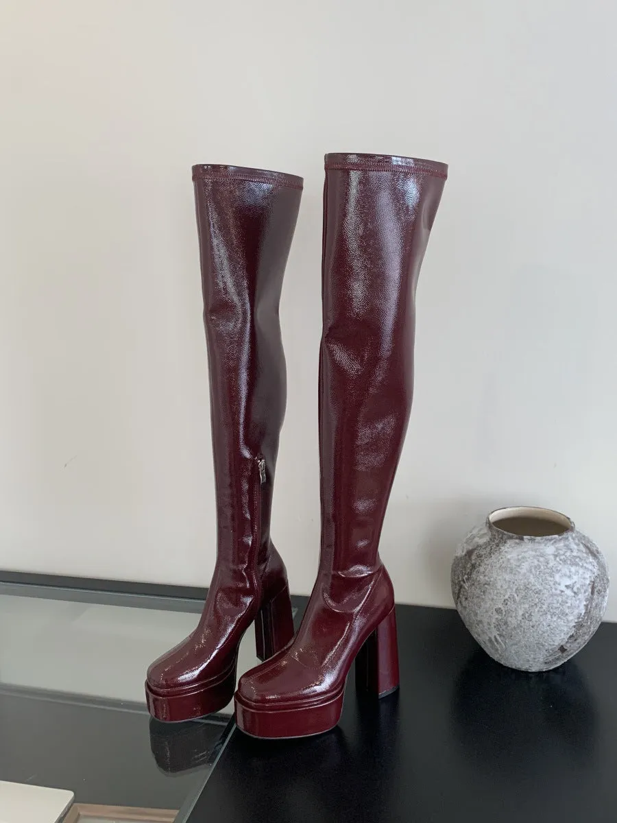 Toleet Taysha Tall Boots 2024 round Toe Patent Leather over-the-Knee Skinny Women's Fashionable Leather Boots Thick Heel Platform Boots