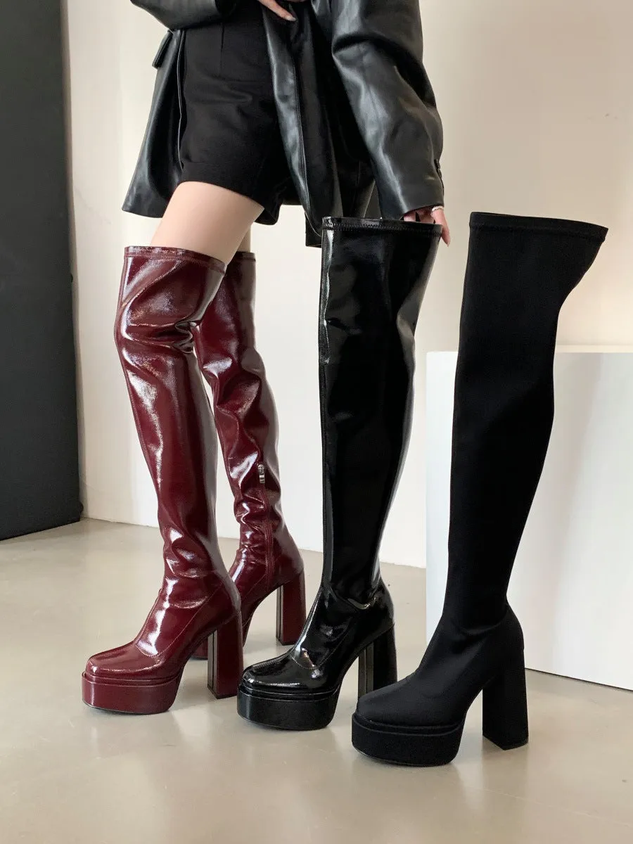 Toleet Taysha Tall Boots 2024 round Toe Patent Leather over-the-Knee Skinny Women's Fashionable Leather Boots Thick Heel Platform Boots