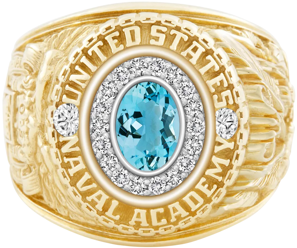 USNA Class Ring Mod™ with Aquamarine Centerpiece and Diamond Dividers