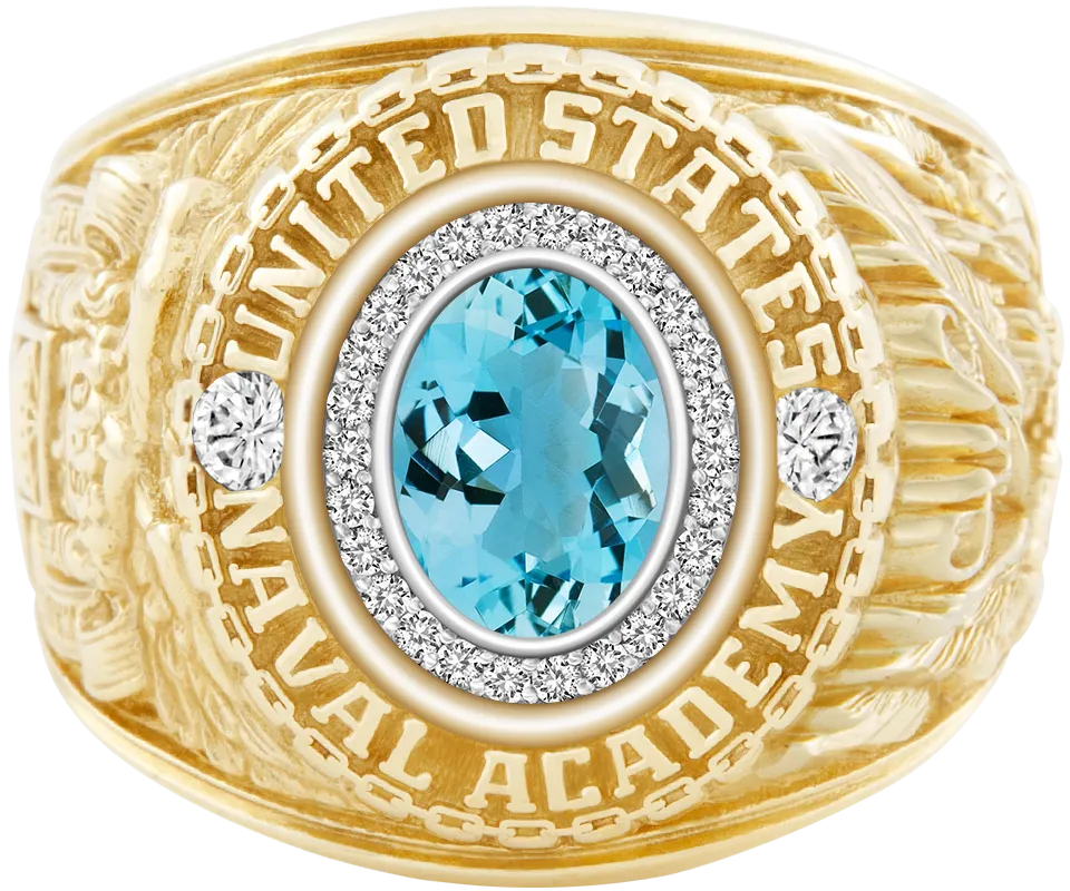 USNA Class Ring Mod™ with Aquamarine Centerpiece and Diamond Dividers