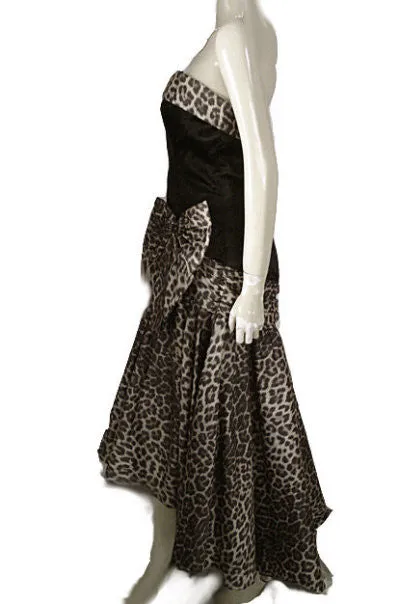 *VINTAGE SAN-MARTIN BLACK SATIN & LEOPARD TAFFETA EVENING GOWN WITH RHINESTONE BOW & ATTACHED CRINOLINE